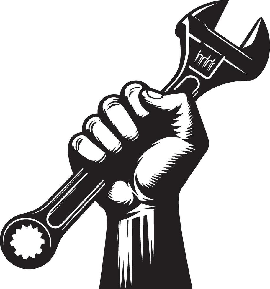 Hand holding adjustable wrench silhouette vector icon. Repair and maintenance concept. Symbol element for may day or labour day.