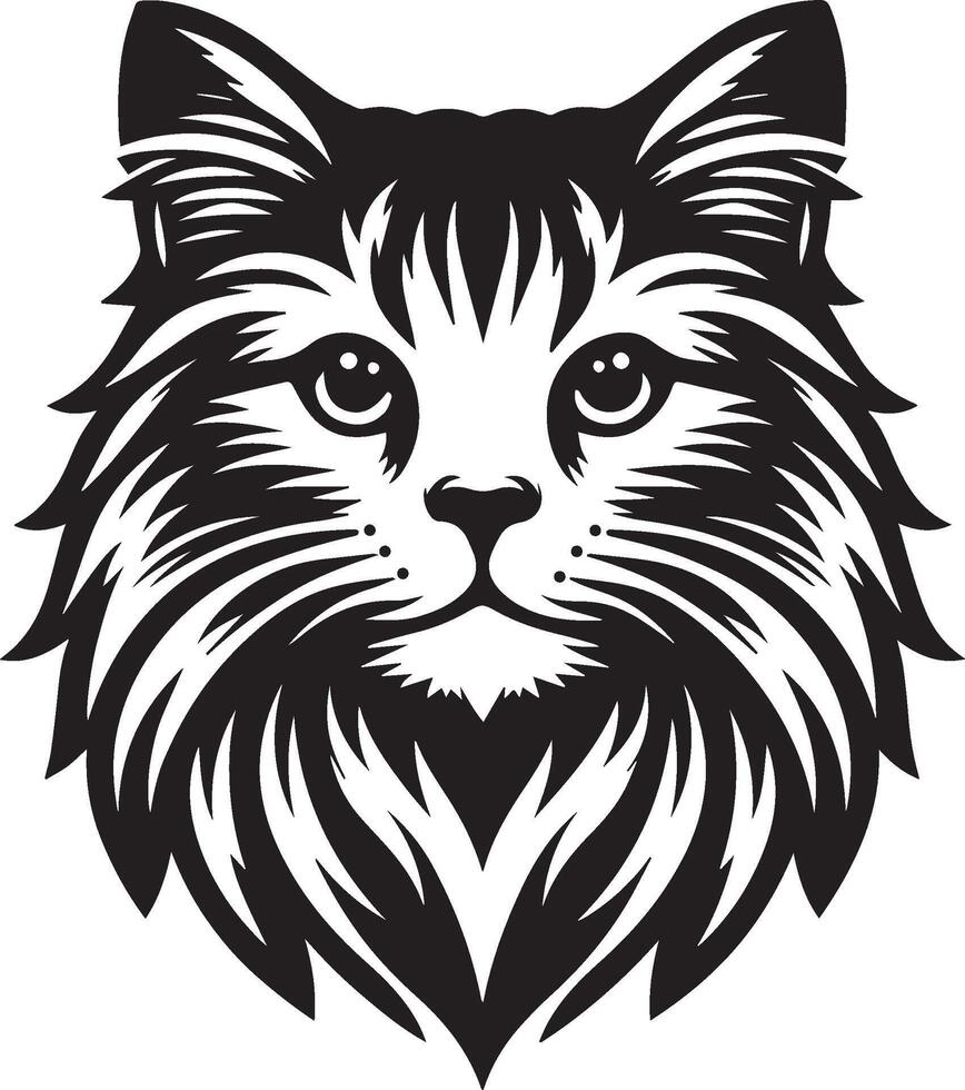 Cute cat head black art. Vector illustration in monochrome style on white background