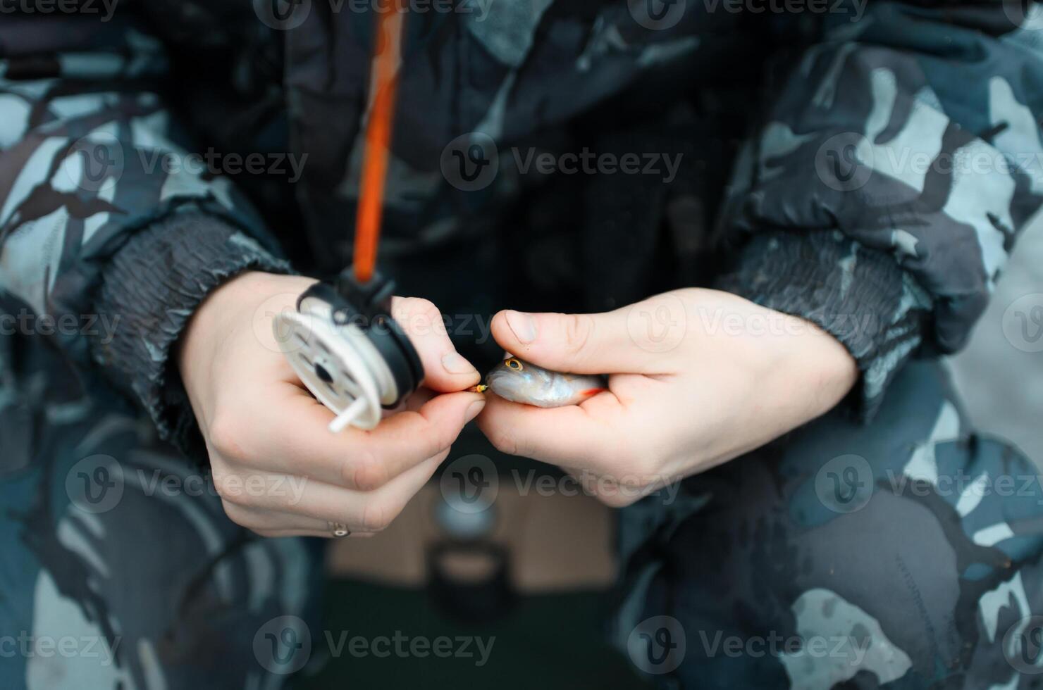 masculino manos sostiene el atrapado pescado de cerca. invierno pescar en el lago. foto