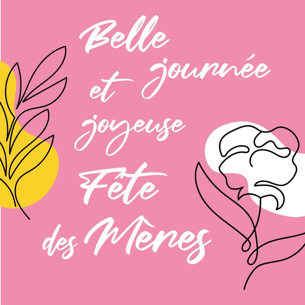 Mother day greeting card in French language. Vector line art design with peony.