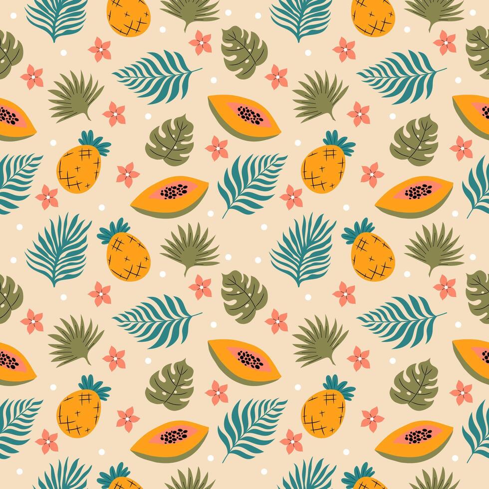 Handdrawn colourful tropical pattern with palm leaves, pineapple, papaya and flowers. Vector seamless design.