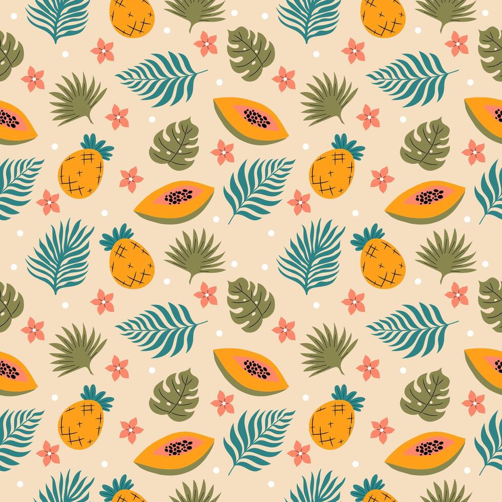 Handdrawn colourful tropical pattern with palm leaves, pineapple, papaya and flowers. Vector seamless design.