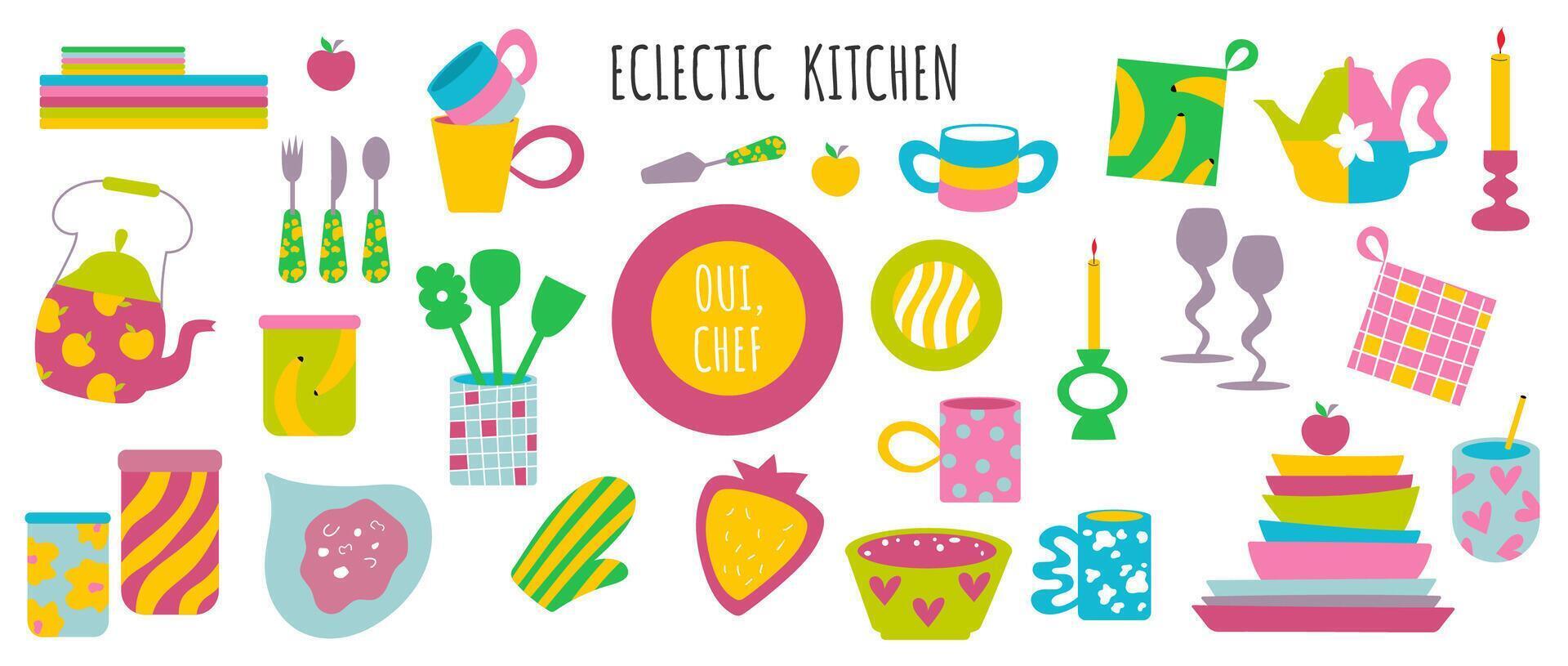 Colourful big set of eclectic kitchen tableware and decor. vector