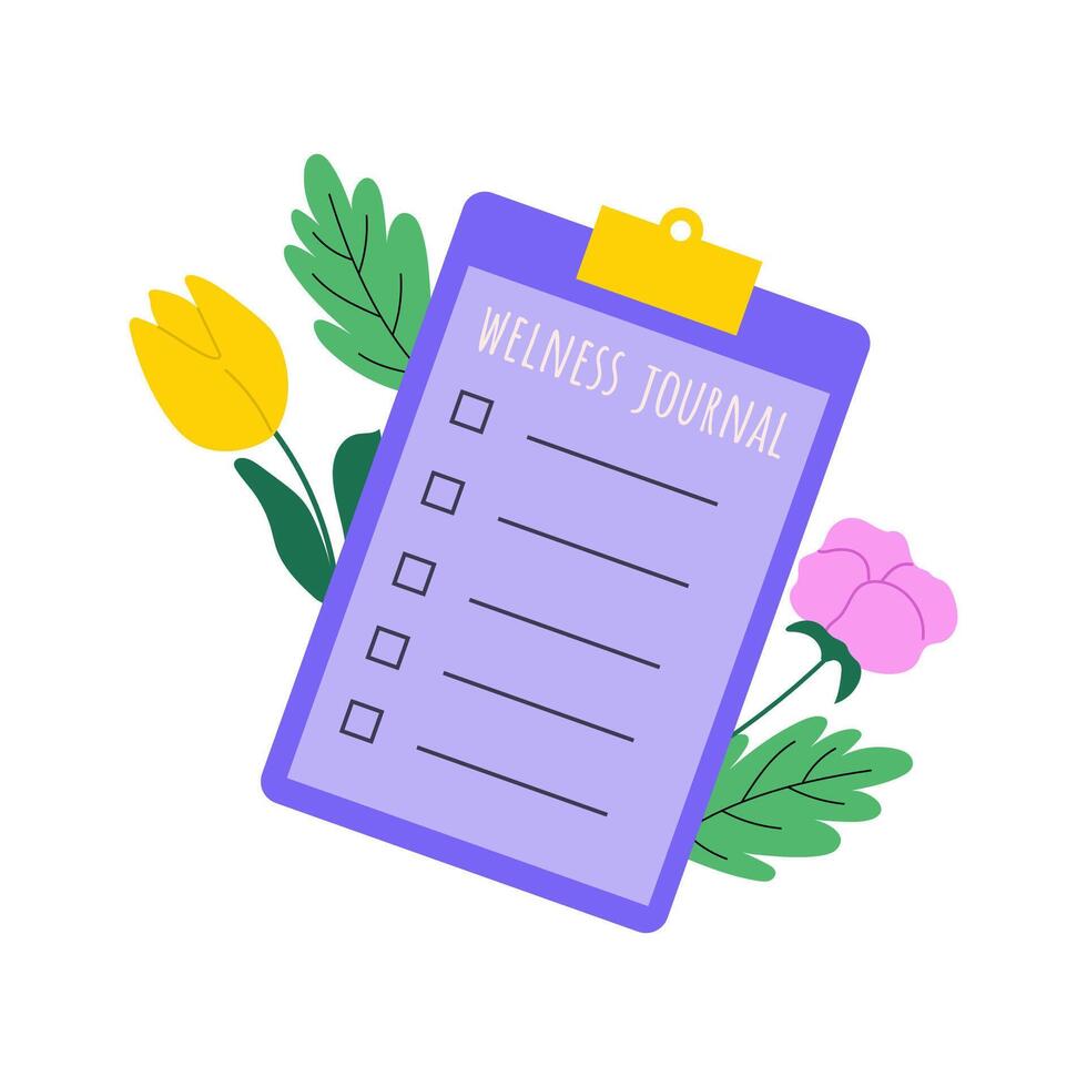 Handdrawn check list welness journal with tulips and leaves. Vector design isolated on white.