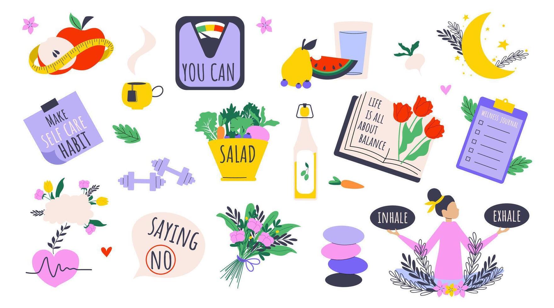 Big set of well being, mindfulness and healthy lifestyle concept. Vector illustration of vegetables, scales, flowers, checklist, heart brain connection.