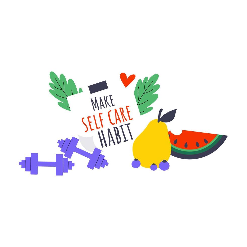 Vector healthy lifestyle and weight loss concept. Illustration of fruits, dumbbells and note with motivational message.