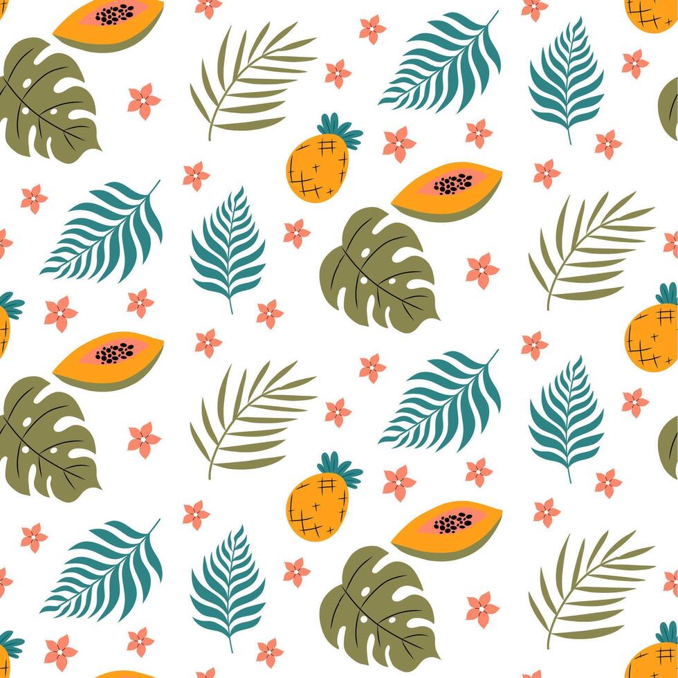 Tropical pattern with papaya, pineapple, palm leaves and flowers on white background. vector
