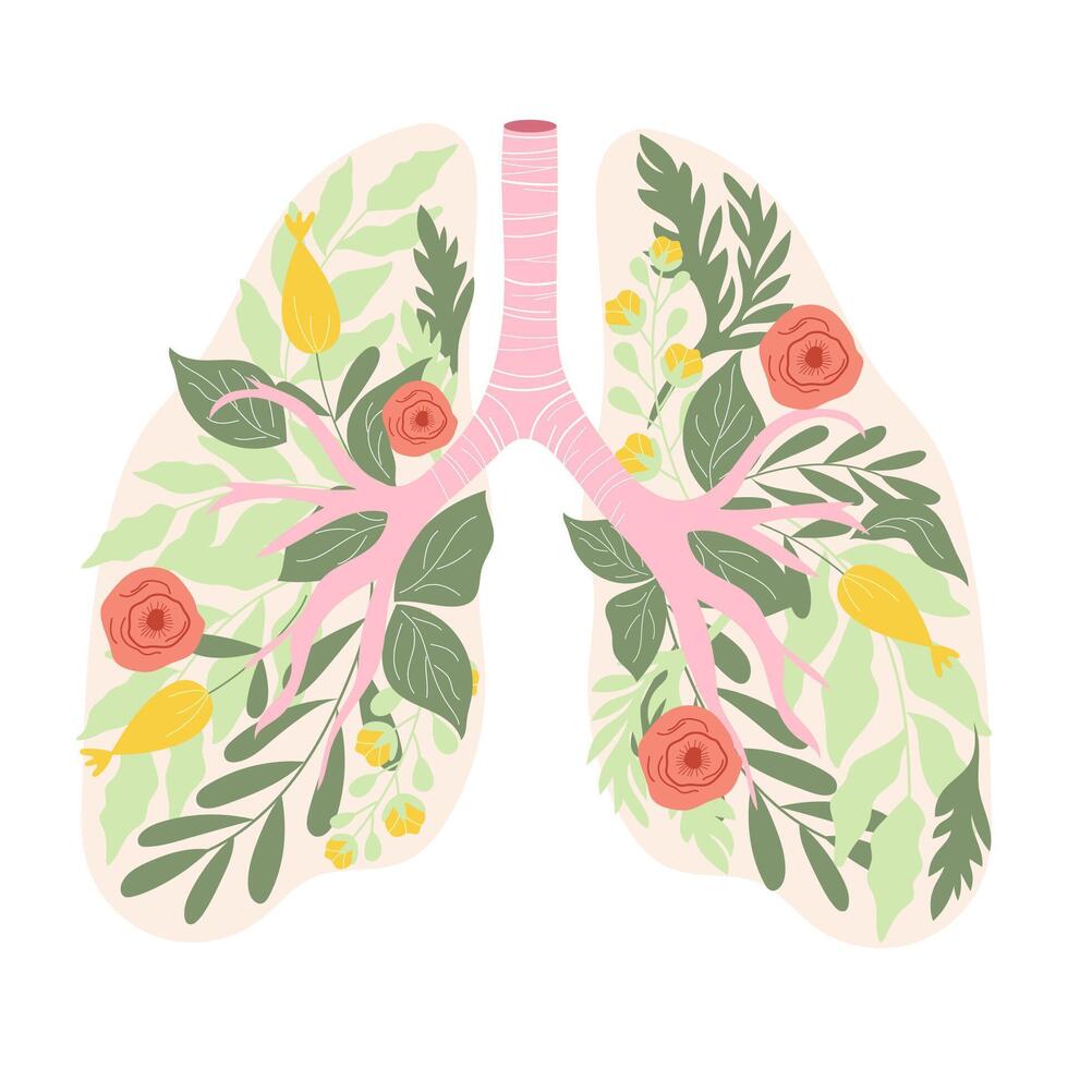 Handdrawn human lungs full of flowers and leaves in soft colors. No tobacco day vector concept.