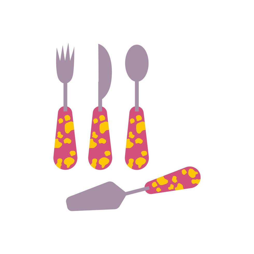 Handdrawn colourful cutlery isolated on white. Vector design of eclectic kitchen decor.