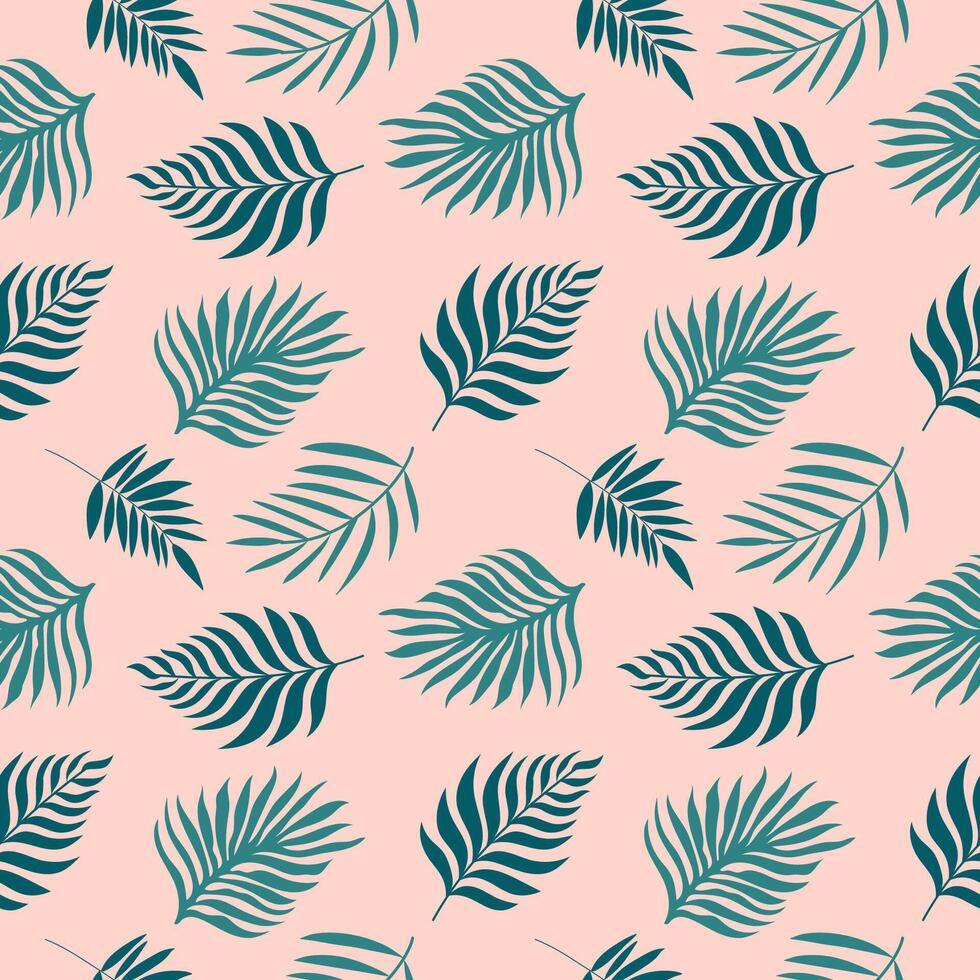 Handdrawn tropical pattern with green palm leaves. Seamless vector design on peach background.
