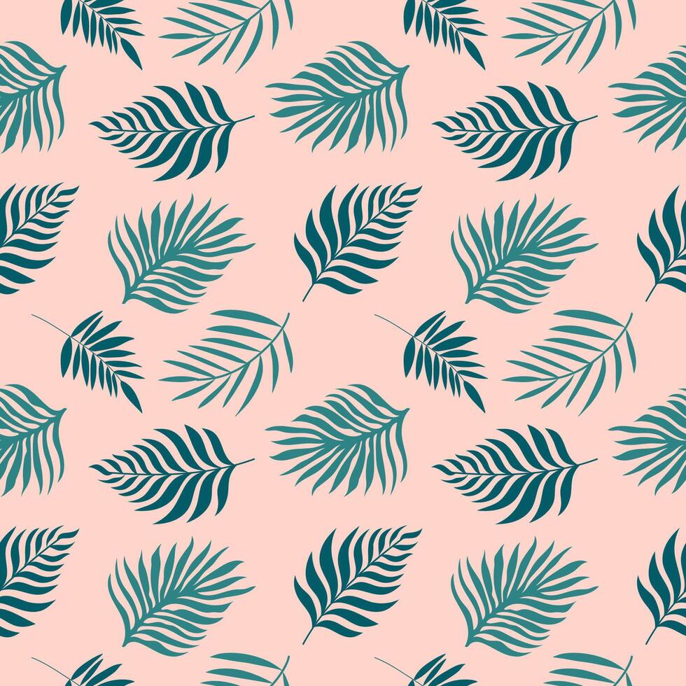 Handdrawn tropical pattern with green palm leaves. Seamless vector design on peach background.