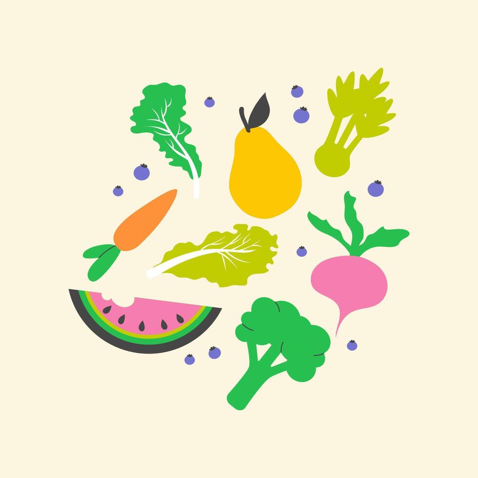 Composition of handdrawn vegetables and fruits. Cute healthy design for tote bag, T-shirt, kitchen poster. vector