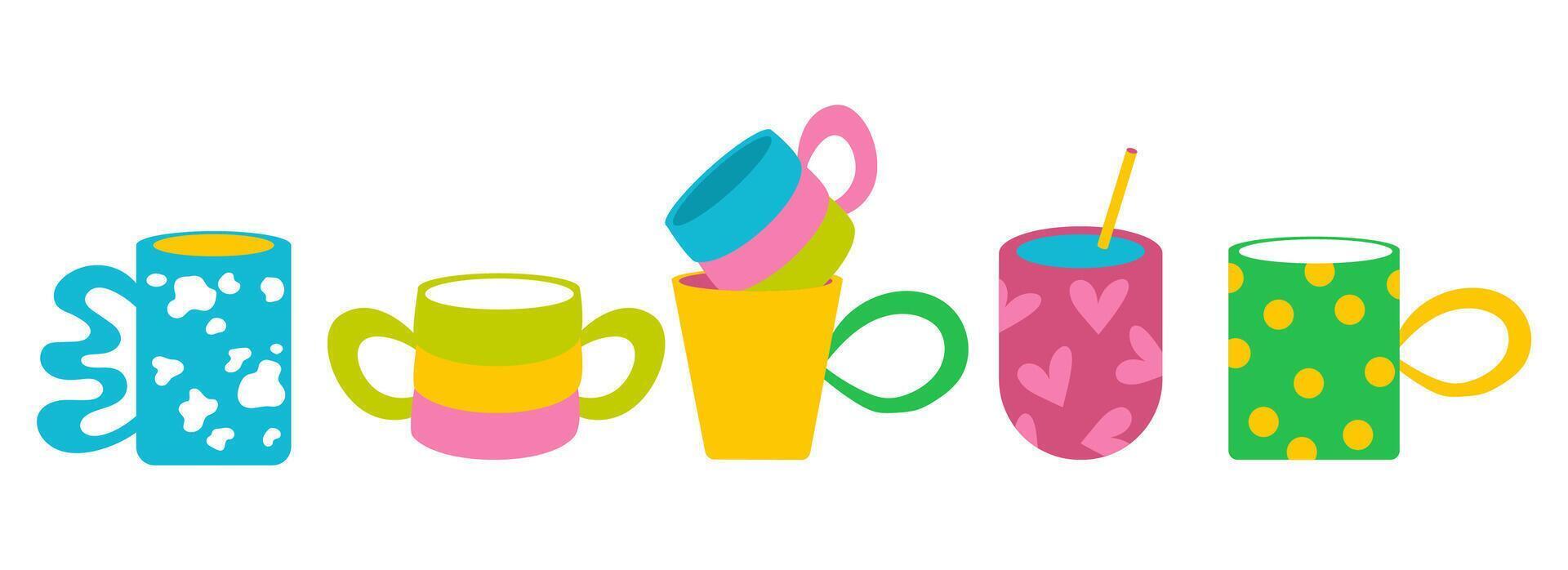 Colourful set of handdrawn cups. Vector design of eclectic kitchen tableware.