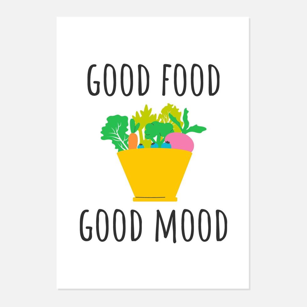 Good food good mood kitchen poster design with salad bowl. Handdrawn vector illustration.