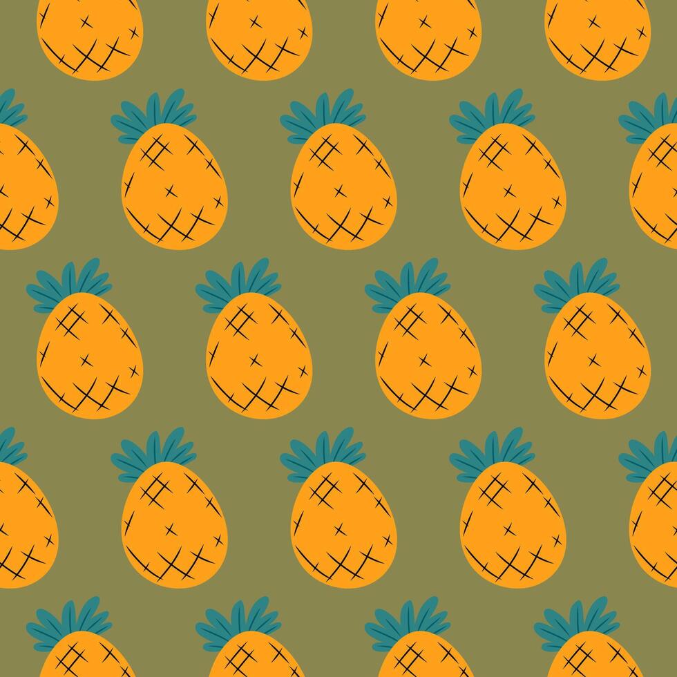 Colourful pattern with handdrawn pineapple on green background. Vector seamless design.