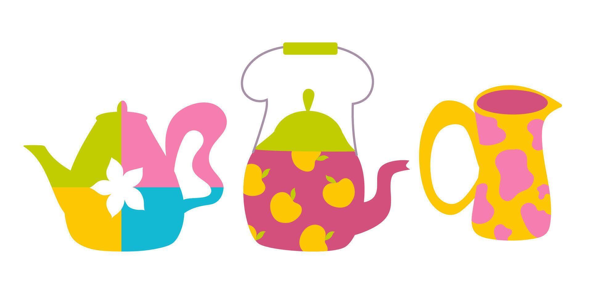 Colourful handdrawn eclectic teapots. vector