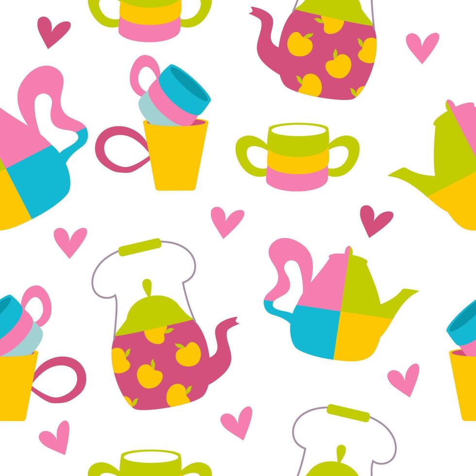 Seamless pattern with teapot, cup and heart on white background. Colourful design of eclectic kitchen decor. vector
