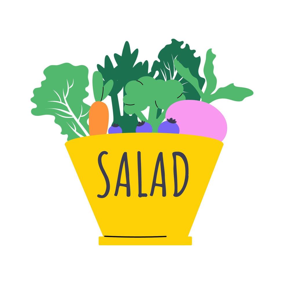 Handdrawn salad bowl with green vegetables, carrot, beetroot and blueberries. Healthy eating vector concept.