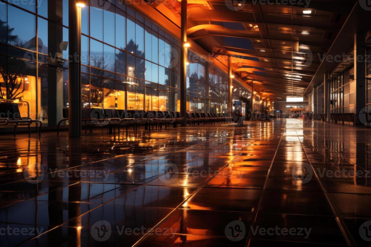 AI Generated A tranquil and polished airport terminal at dusk, reflected on the shiny floor, emanating a serene travel atmosphere with spacious ambiance. photo