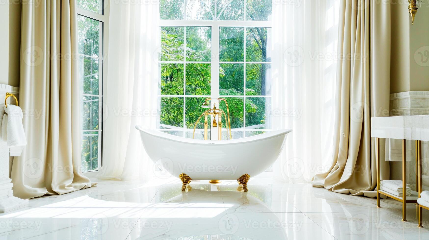 AI Generated A white freestanding bathtub with golden fixtures in a bright bathroom with a large window and forest view. photo