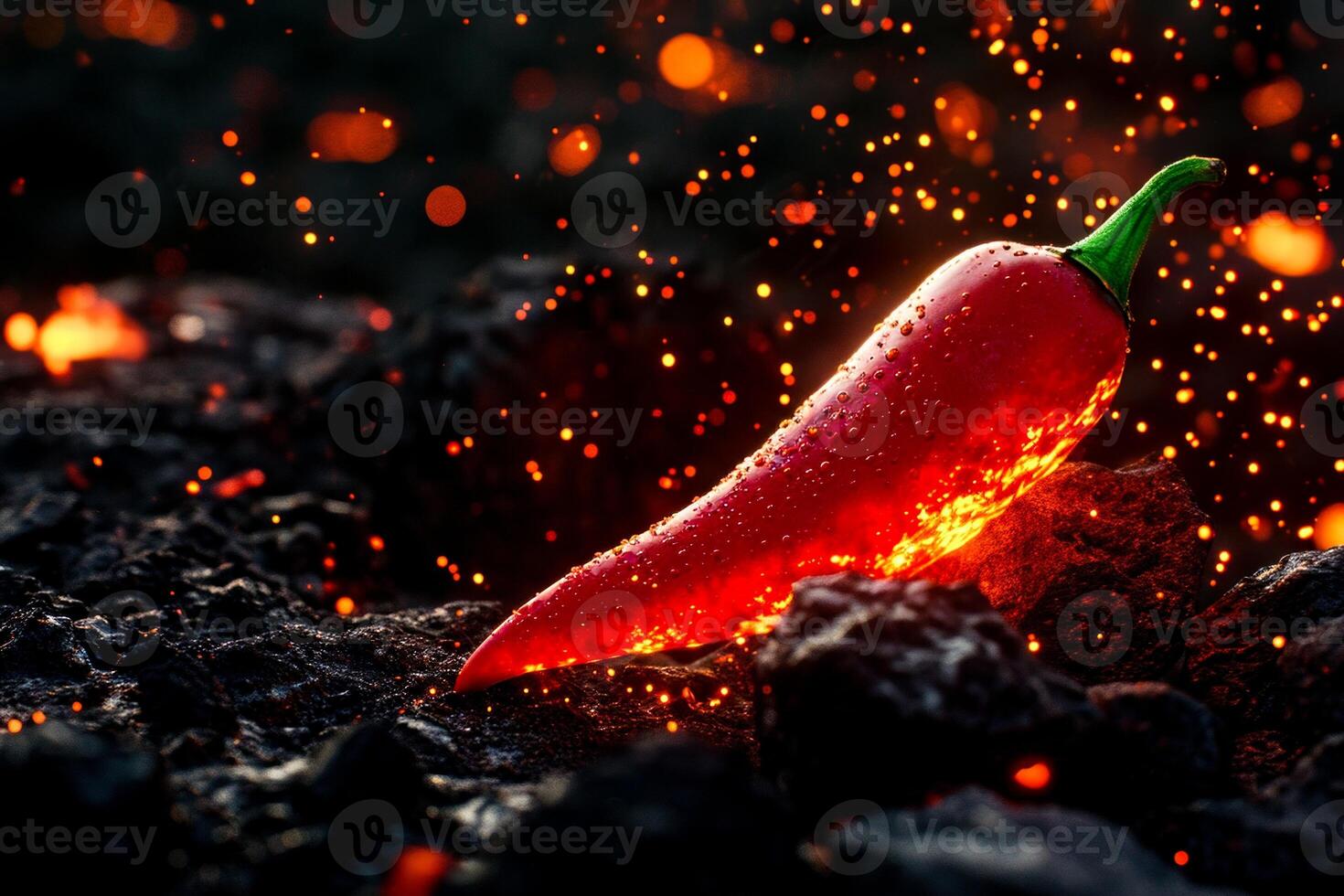 AI Generated A red chili pepper glowing with heat on dark volcanic rocks, surrounded by embers and sparks. photo