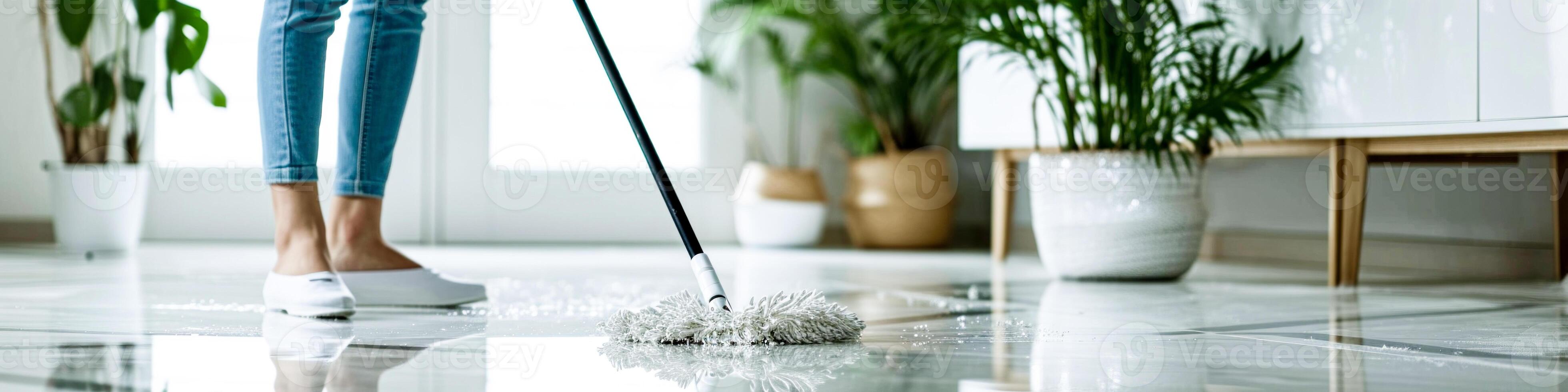 AI Generated A person mopping a shiny white floor, symbolizing cleanliness and domestic care. photo