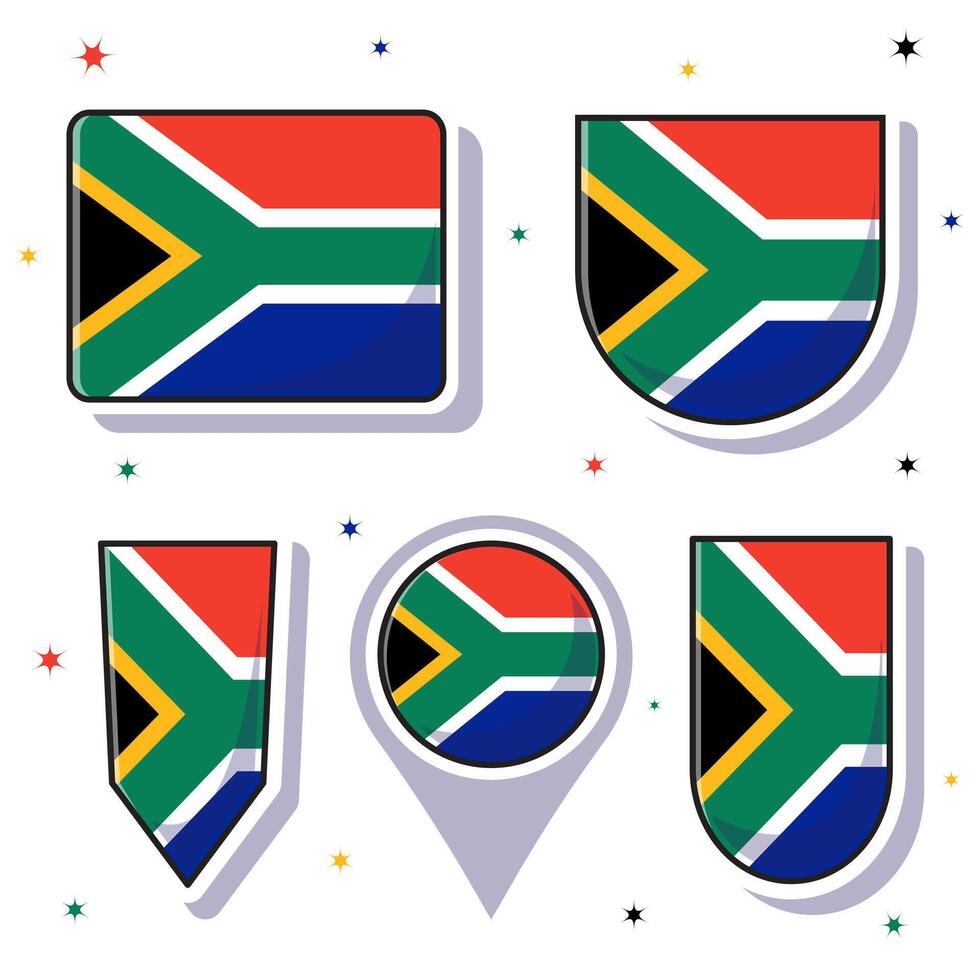 Flat cartoon vector illustration of South Africa national flag with many shapes inside