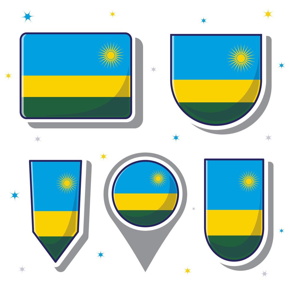 Flat cartoon vector illustration of Rwanda national flag with many shapes inside