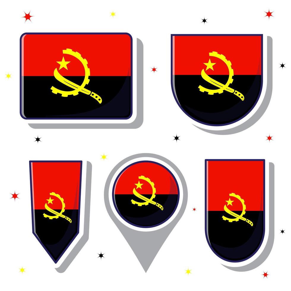 Flat cartoon vector illustration of Angola national flag with many shapes inside