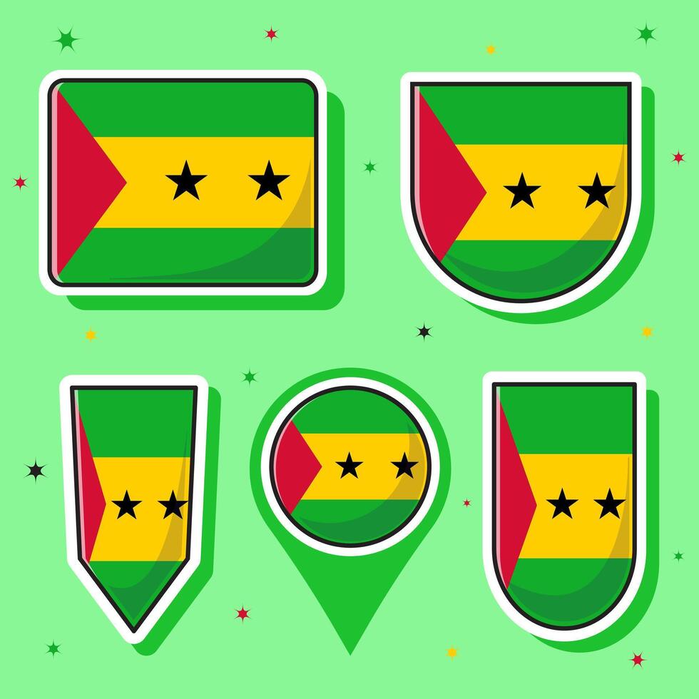 Flat cartoon vector illustration of Sao Tome and Principe national flag with many shapes inside