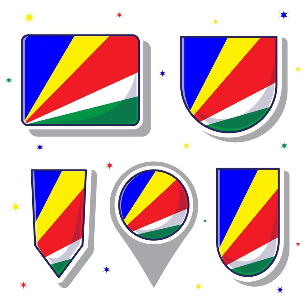 Flat cartoon vector illustration of Seychelles national flag with many shapes inside