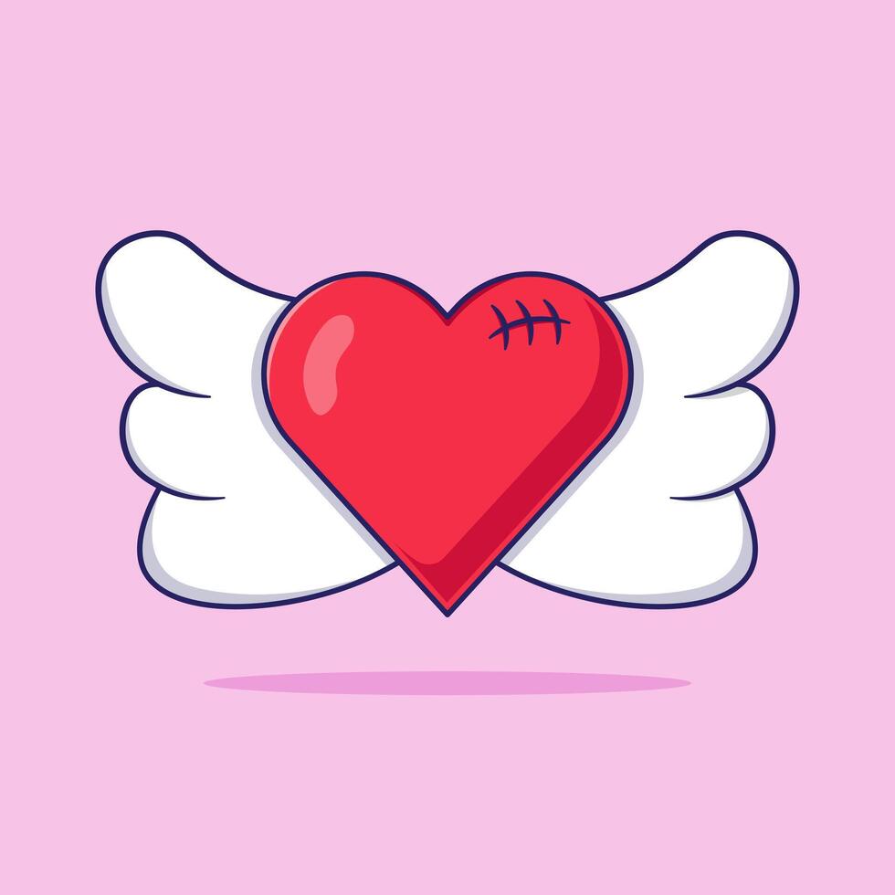 Cute cartoon vector illustration of heart with beautiful wings and little stitch