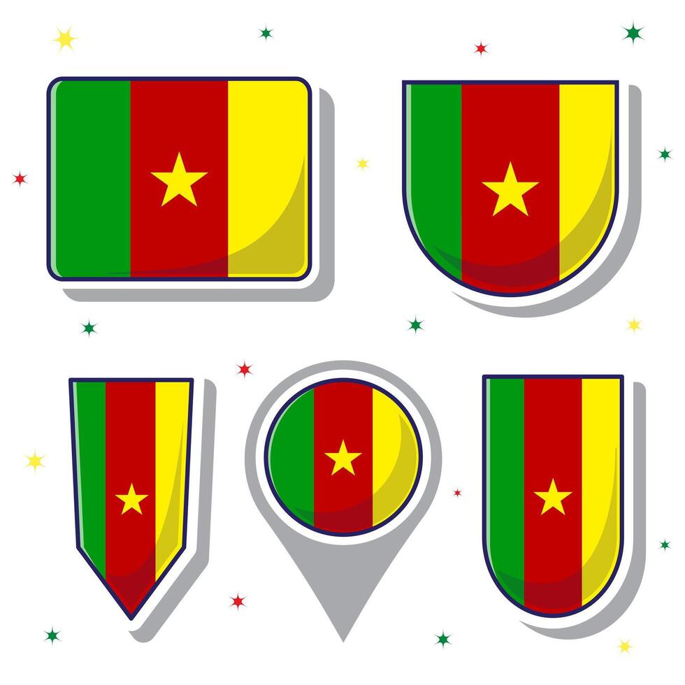 Flat cartoon vector illustration of Cameroon national flag with many shapes inside