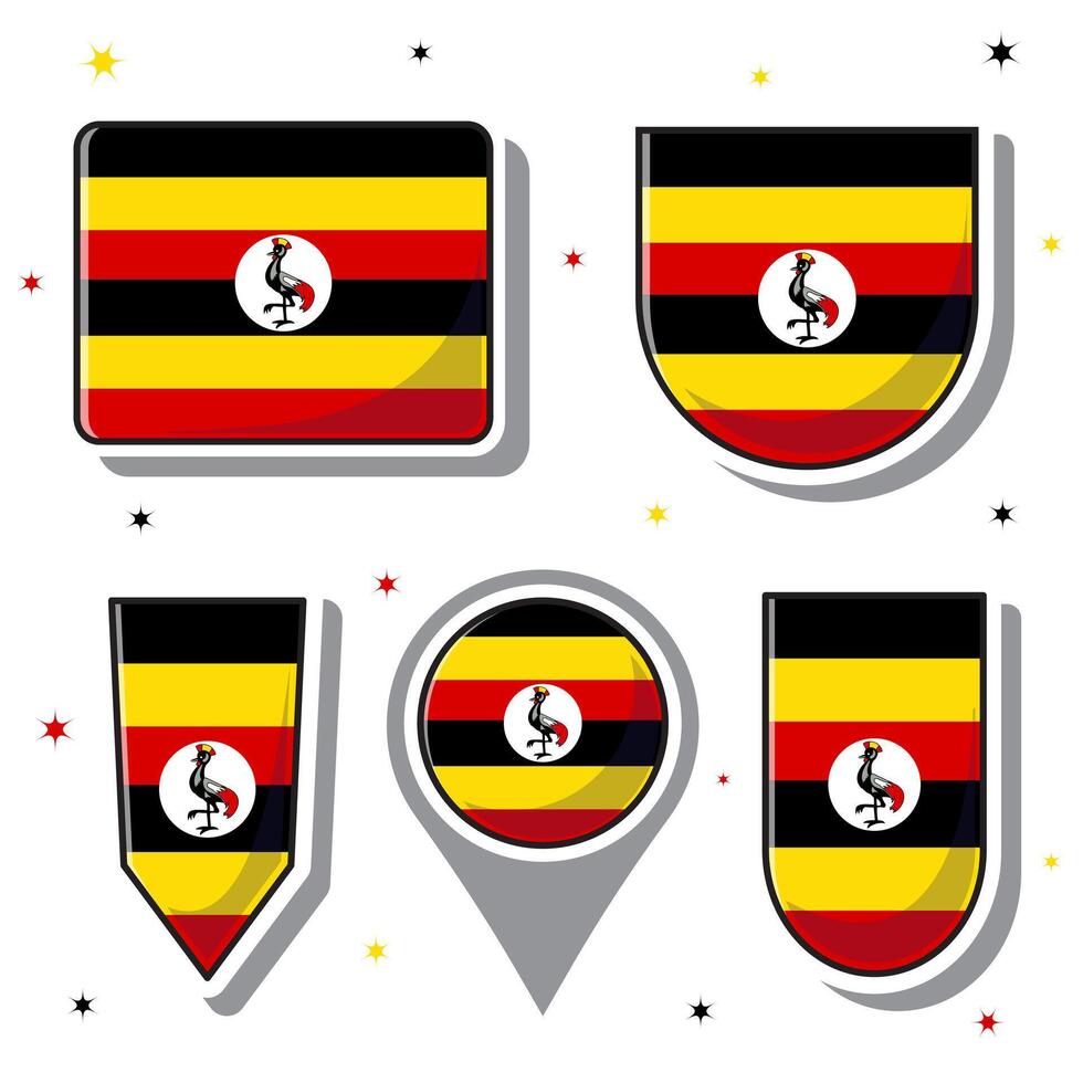 Flat cartoon vector illustration of Uganda national flag with many shapes inside