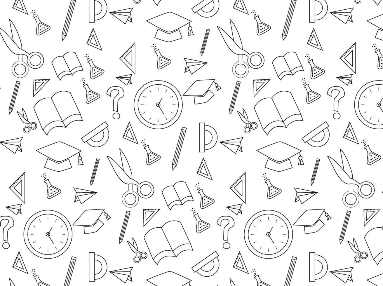 School and science doodle background with education signs. Line art vector protractor, globe, test. Pencil, backpack and chemical beakers