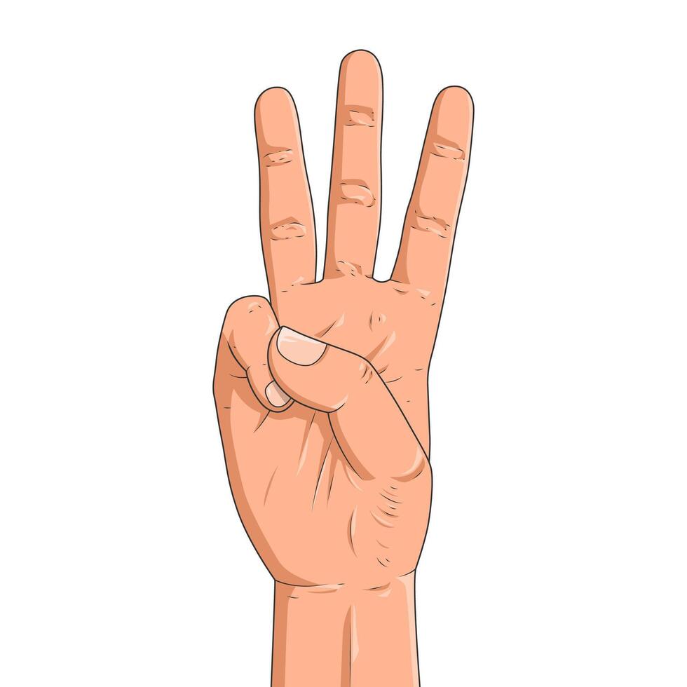 Male hand is showing three fingers isolated on a white background. Realistic three fingers up. Vector illustration