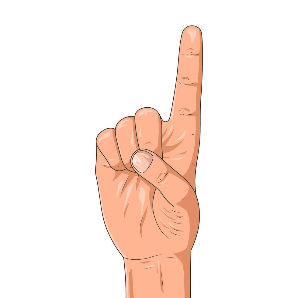 Number one hand finger pointing up isolated on a white background. Vector illustration of a male hand. Symbol used to indicate direction, number one.