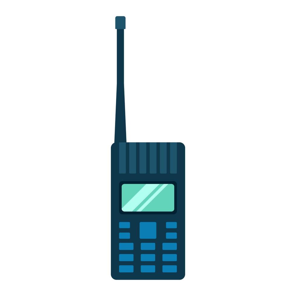 Black handy talkie with antenna for communication over a distance. Walkie talkie radio. Simple flat illustration. Isolated on a white background. vector