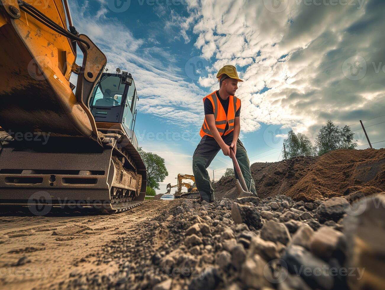 AI generated young construktion worker working on road and look back photo