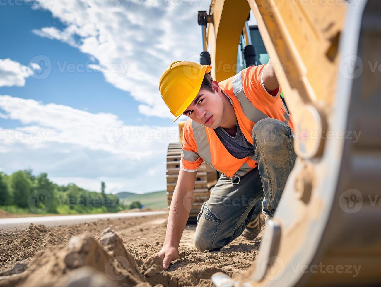 AI generated young construktion worker working on road and look back photo