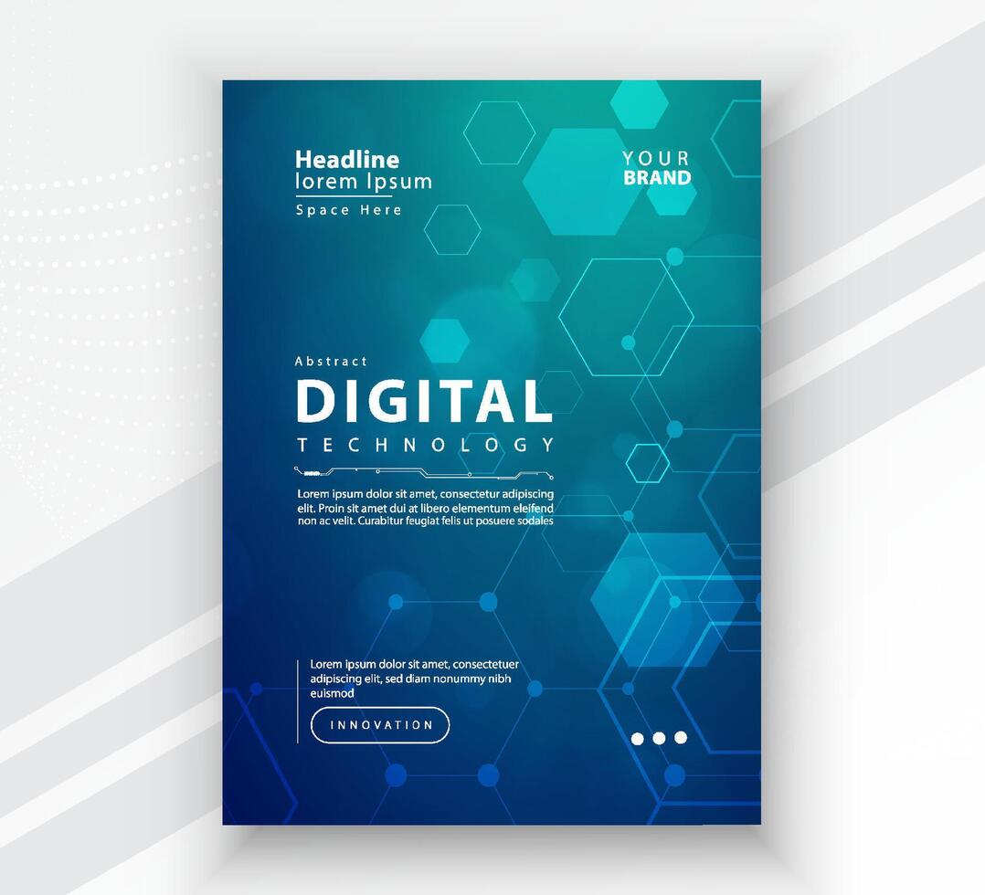 Poster brochure cover banner presentation layout template, Technology digital futuristic internet network connection green blue background, Abstract cyber future tech communication Ai big data science vector