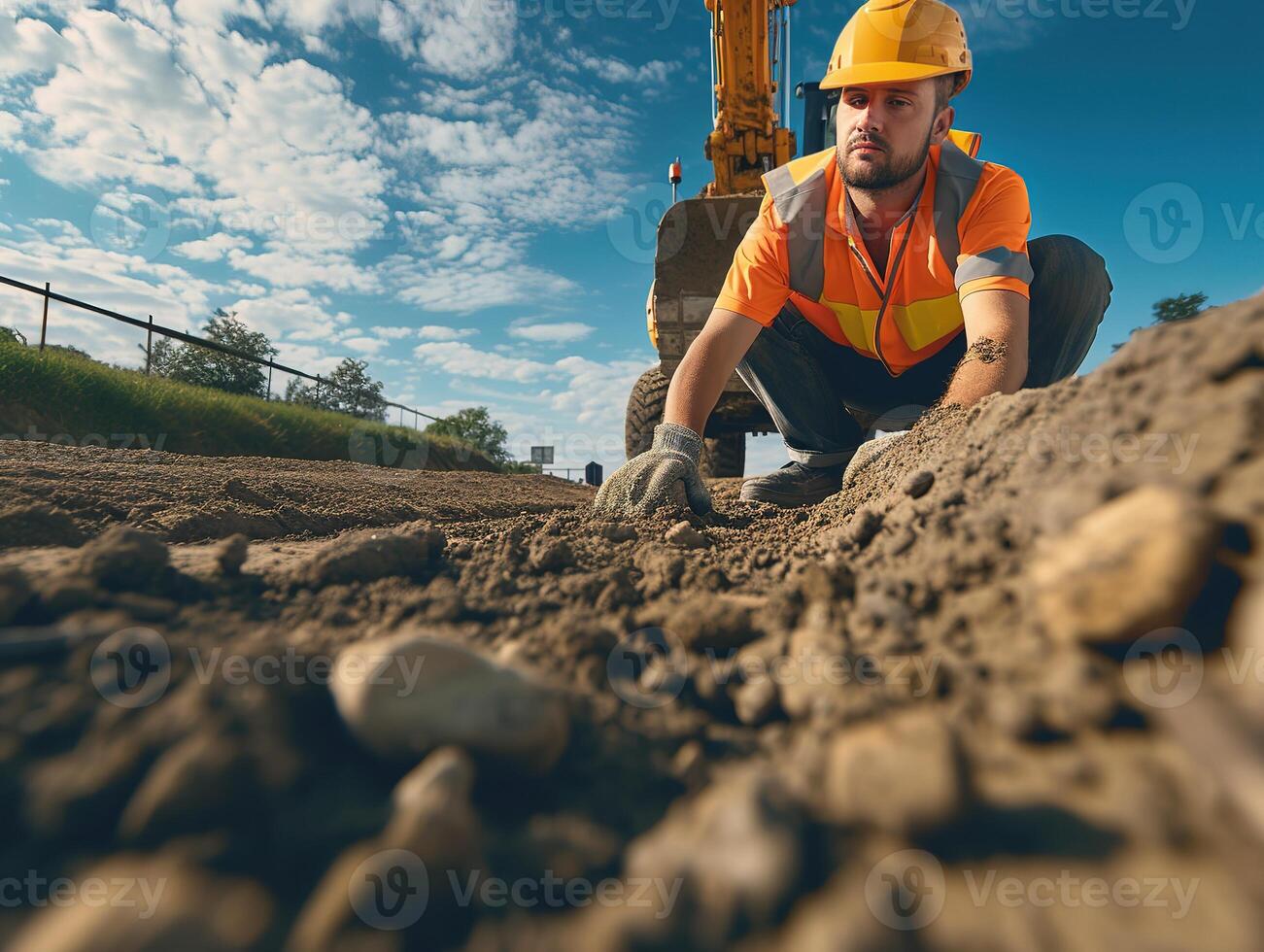 AI generated young construktion worker working on road and look back photo