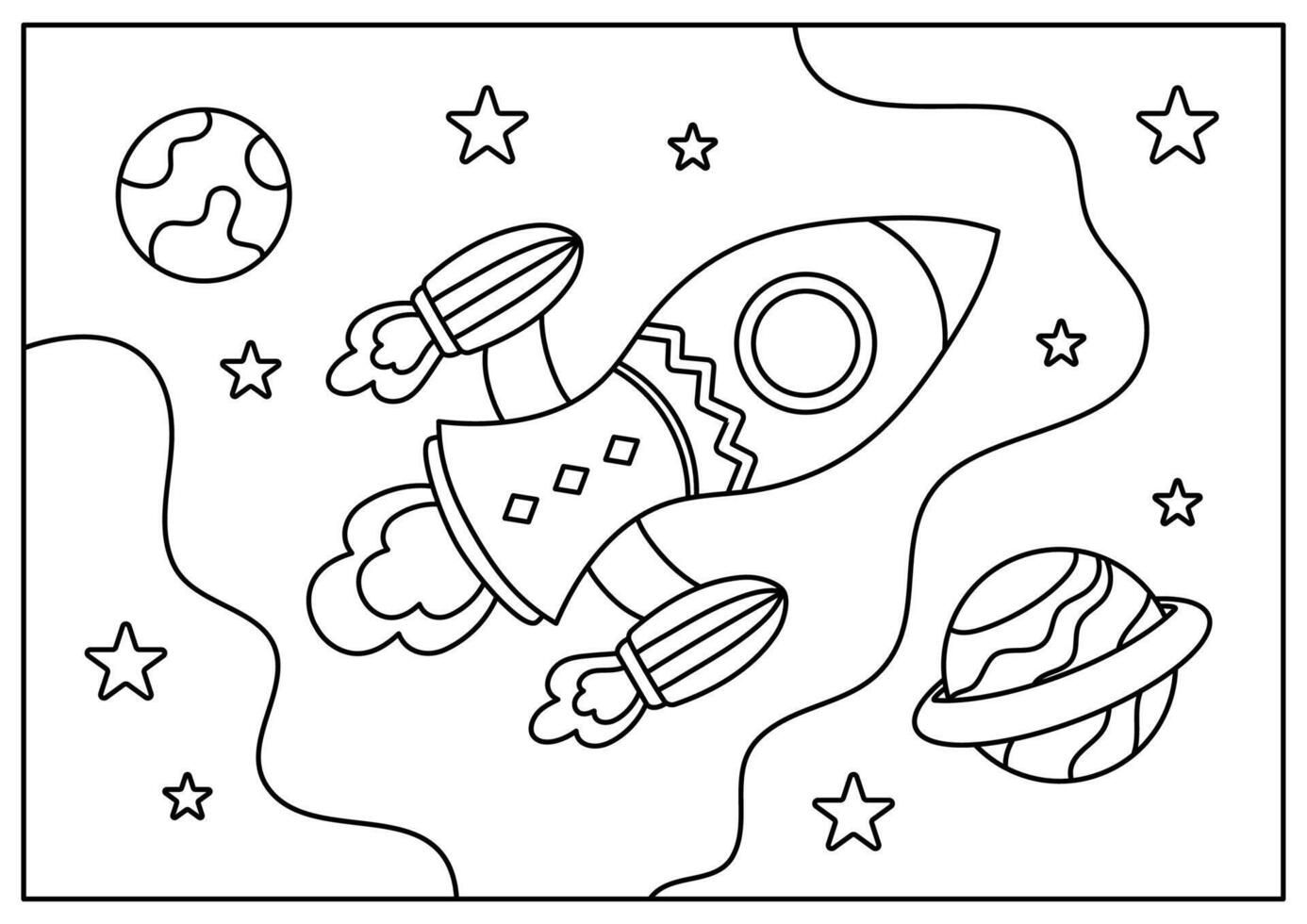 rocket in space coloring page for kid printable vector