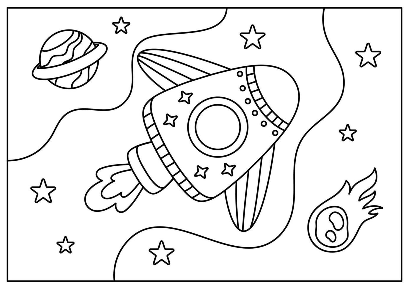 rocket in space coloring page for kid printable vector