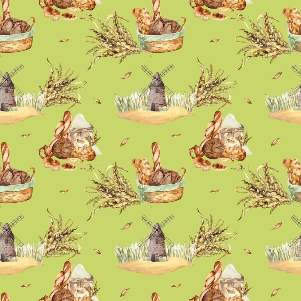 Seamless pattern with wheat ears and bread watercolor illustration isolated on white background. Rural making bread mill hand drawn. Painted spikelet of wheat. Design for package, wrapping paper vector