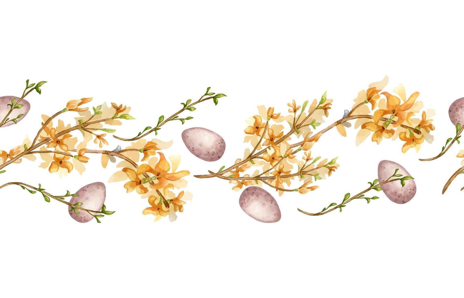 Seamless border of watercolor first yellow spring flowers and Easter eggs isolated on white. Floral Easter board. Blooming forsythia branch hand drawn. Flower sketch for greeting card, package, label vector