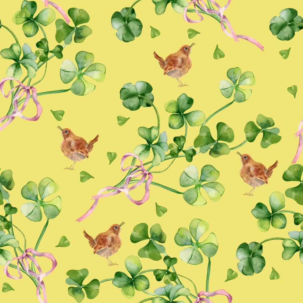 Shamrock watercolor seamless pattern isolated on beige background. Hand painted green four leaves. Hand drawn bird and clover Irish symbol. Design element for St Patrick day banner, spring textile. vector