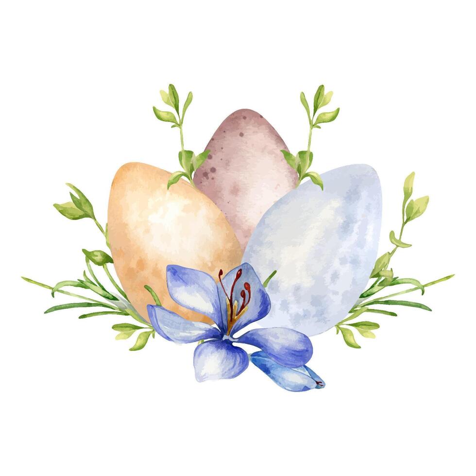 Easter watercolor illustration with colorful eggs and first spring flowers isolated on white. Floral composition with eggs hand painted for Easter design in neutral color. Blue crocus hand drawn vector