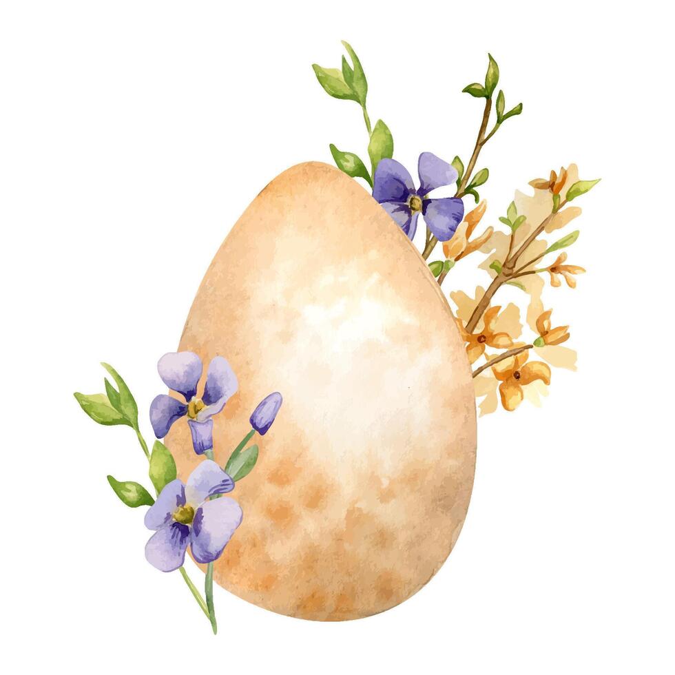 Easter watercolor illustration with colorful egg and spring flowers isolated on white. Easter egg with primrose hand painted for Easter design in neutral color. Yellow forsythia, forget-me-not vector