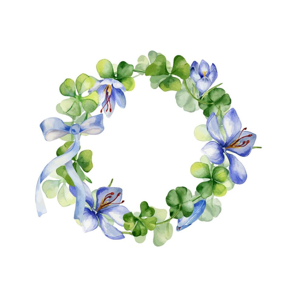 Circle frame with crocus and clover watercolor illustration isolated on white background. Painted spring flowers frame. Hand drawn Irish symbol. Design element for St.Patricks day, Easter, package vector